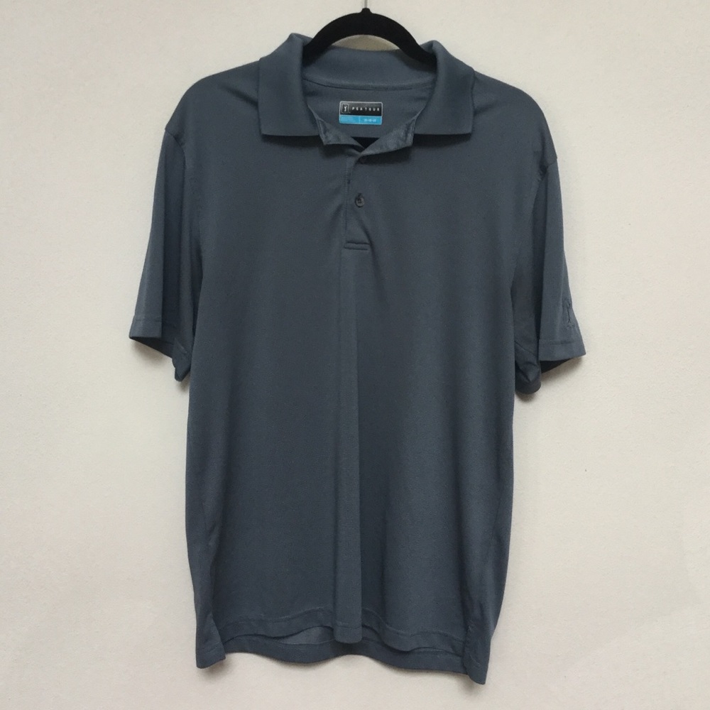 PGA Tour Blue/Grey, White Dot Pattern Polo Short Sleeve Golf Shirt Size M Preppy